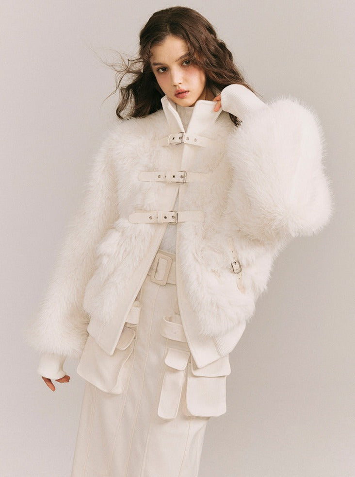 Soft light leather buckle wrap fur coat