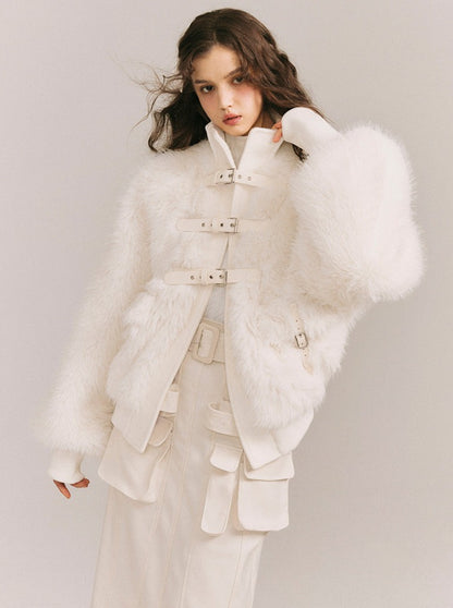 Soft light leather buckle wrap fur coat