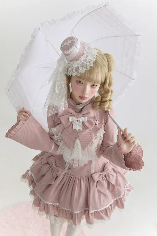 【4月25日予約締切】ファントムキャットスイートリボンストライプレースベルスリーブロリータドレス