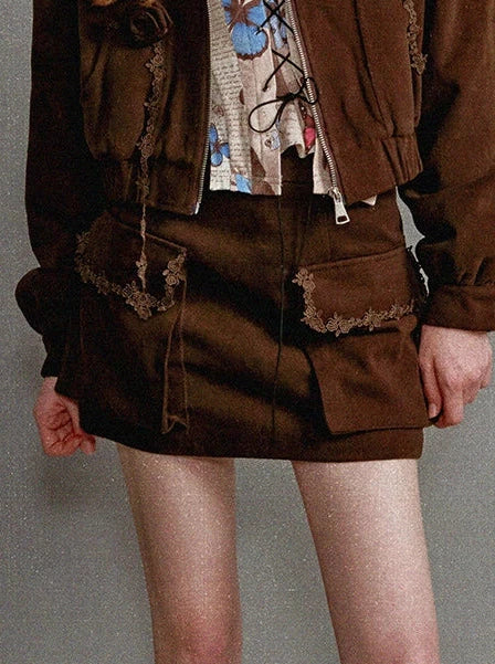 Dark Brown Blush Lapel Lace Flower Lamb Wool Jacket 3D Pocket Skirt Suit