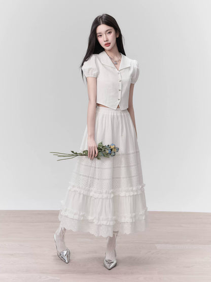 Spot】Fragile Store Heart-pounding Summer Sweet Date Dress First Love Feeling White Two-Piece Suit