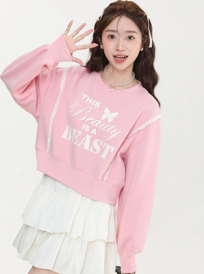 Big Sim Small Sim American Letter Print Short Sweatshirt