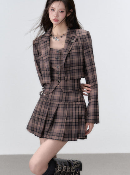 College Style Retro Suit Jacket Vest Pleated Skirt Sleep Piece