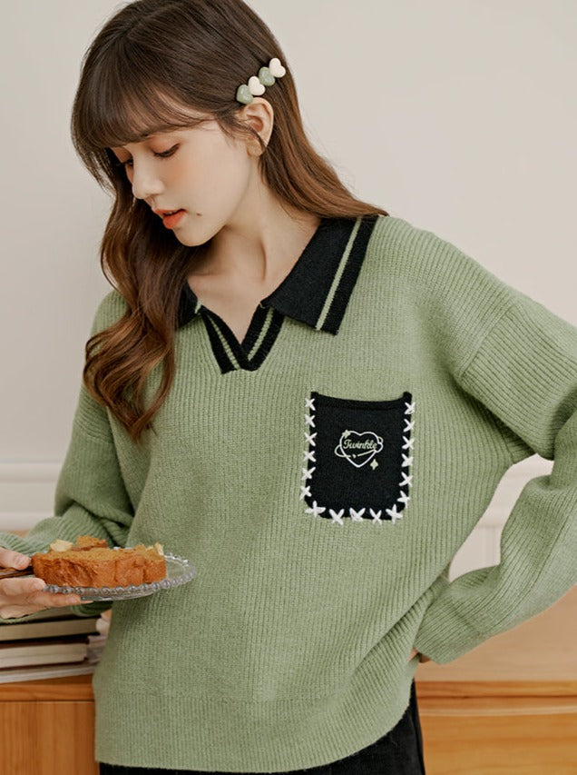 Polo collar pocket design knit top