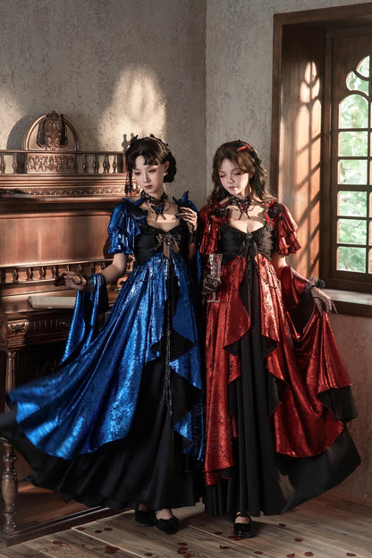 [Date limite de précommande: 105] Robe empire gothique élégante à volants cascade rouge/bleu [courte/longue] + ensemble robe complet (châle, broche papillon, chaîne de taille, traîne à nœud au dos)