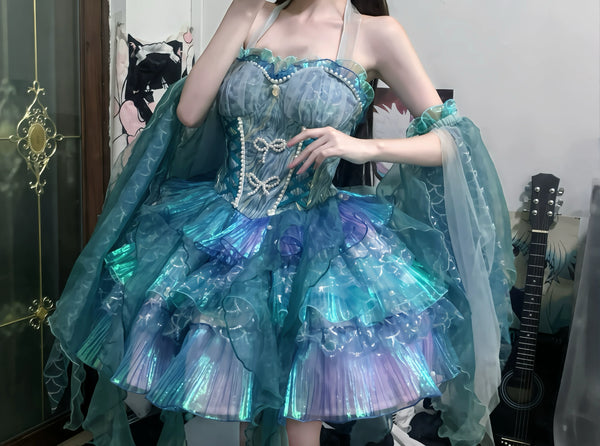 [Pre-order Deadline: April 14] Deep Sea Blue Pink Halter Lolita Corset Dress + Sleeves