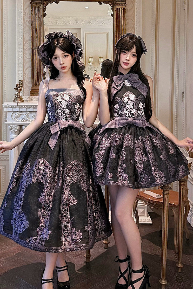 [Scadenza prenotazioni 98] Abito Lolita stile cinese con scollo all'americana, fiocco e ricamo giglio effetto vetrata, nero x viola / bianco x viola