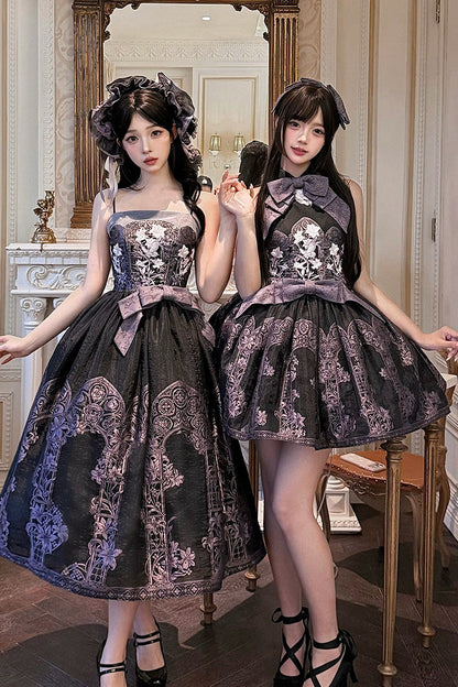 [Scadenza prenotazioni 98] Abito Lolita stile cinese con scollo all'americana, fiocco e ricamo giglio effetto vetrata, nero x viola / bianco x viola