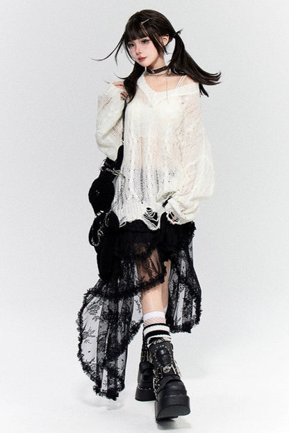 Sheer Asymmetrical Design Lace Skirt