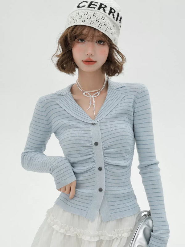 ライトブルーストライプスーツカラーニットトップス
