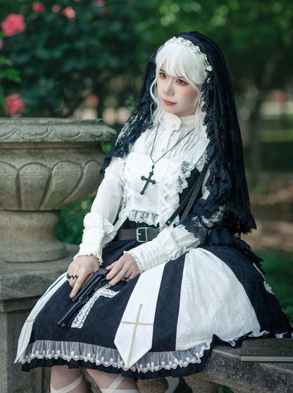 Cross Elegant Lolita Dress + Short Jacket + Hairband + Veil + Collar