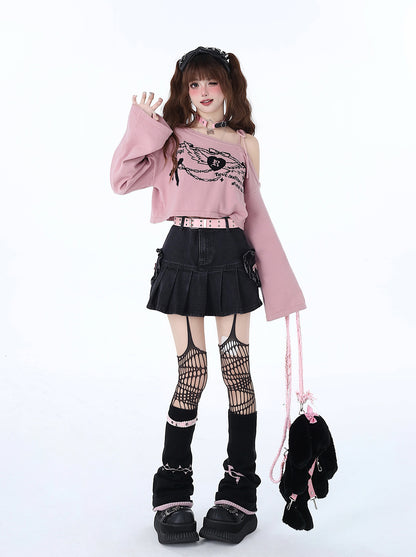 [2.10 Limited Time 95% Off] First Love Concerto Original Y2K Babes Off-the-shoulder Knitted Lace-up Spring Summer Short Top