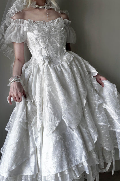 【10月28日予約締切】White Butterfly Gothic Lolita Puff Sleeve Dress Top + Layered Ruffle Asymmetrical Hem Skirt Set (With Chest Brooch + Waist Brooch)