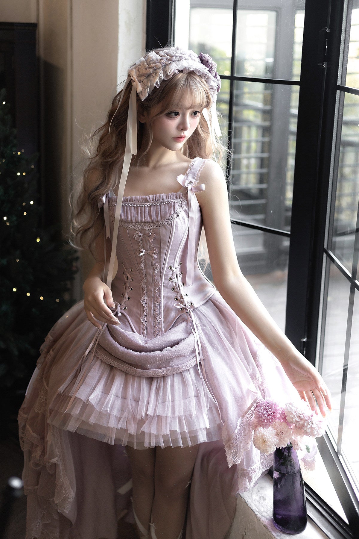 【2月27日予約締切】アンティークランプシャドウシャンパンゴールドストラップリボンビスチェドレスセットアップ