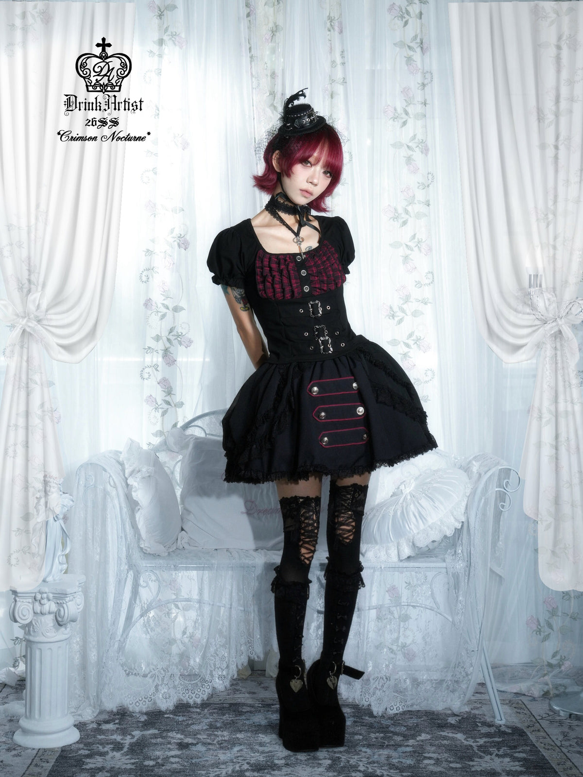 Original from Jiuyu Market: Black and Red Plaid Puff-Sleeve Knit Top with Military-Style Mesh Cake Skirt Set