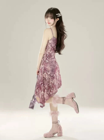11SH97 smudge print slip dress, salt wear, hot girl waist design, mid-length large swing long skirt