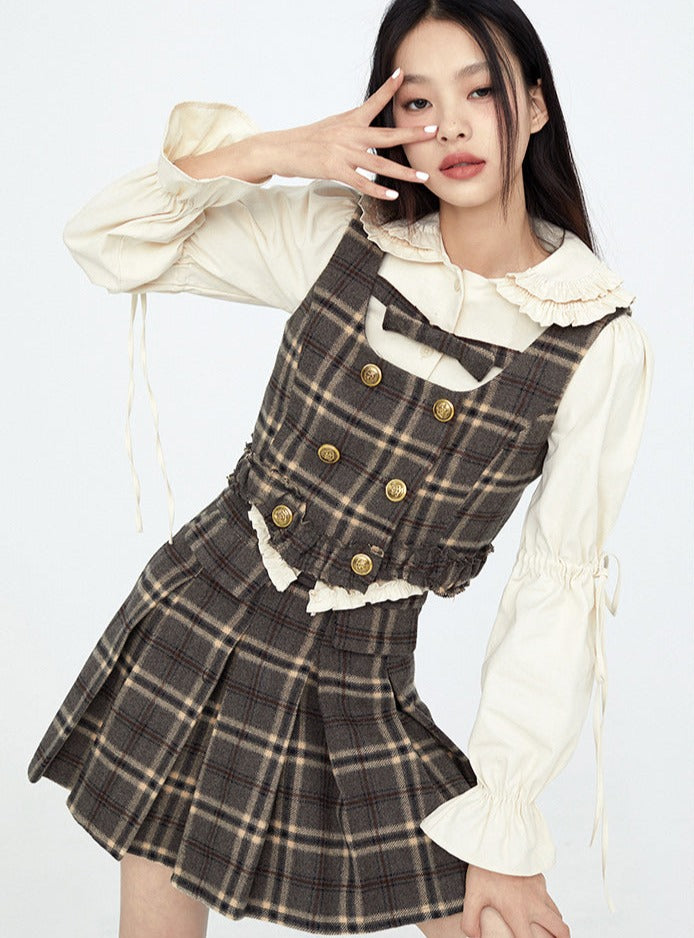 Brown Retro Check Suspenders + Check Skirt