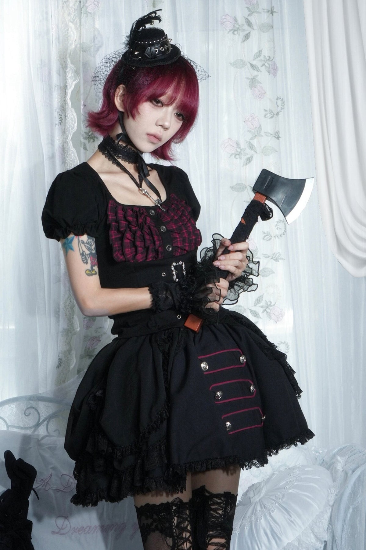 Original from Jiuyu Market: Black and Red Plaid Puff-Sleeve Knit Top with Military-Style Mesh Cake Skirt Set