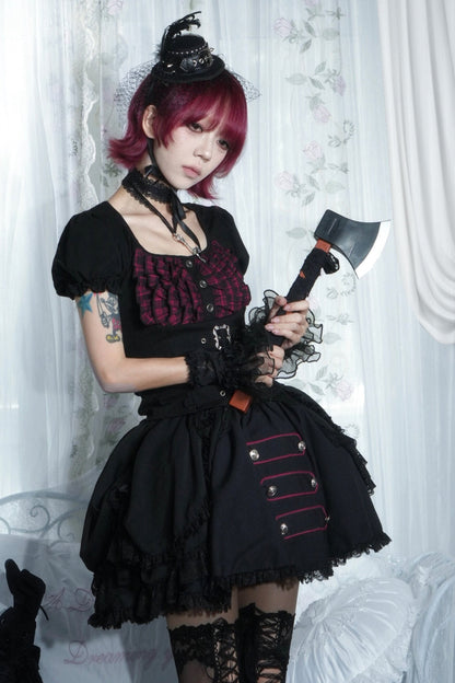 Original from Jiuyu Market: Black and Red Plaid Puff-Sleeve Knit Top with Military-Style Mesh Cake Skirt Set