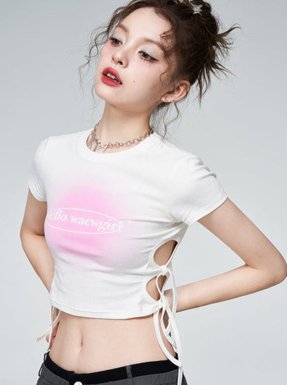 Round neck gradation pink print T -shirt