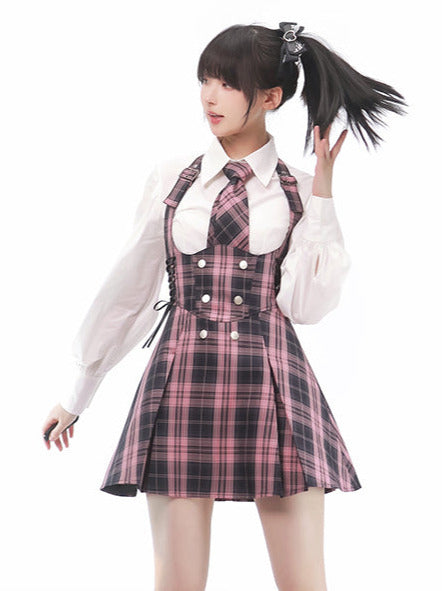 Black Pink Uniform Coordinating Shirt &amp; Check Tie Lace-up Pleated Sass Skirt Setup [Box Pleats/Plain Pleats]