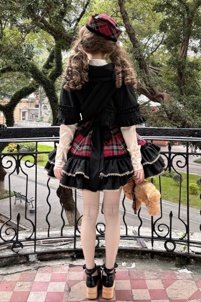 [Reserved product] Sweet Tea Bearitle Idol Check Dress Cape Suit