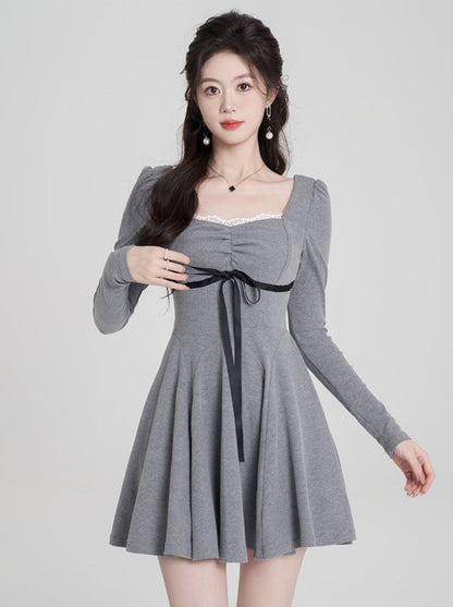 Square collar gray slim ribbon dress