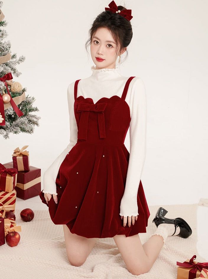 Ribbon Clip French Red Velvet Suspender Dress