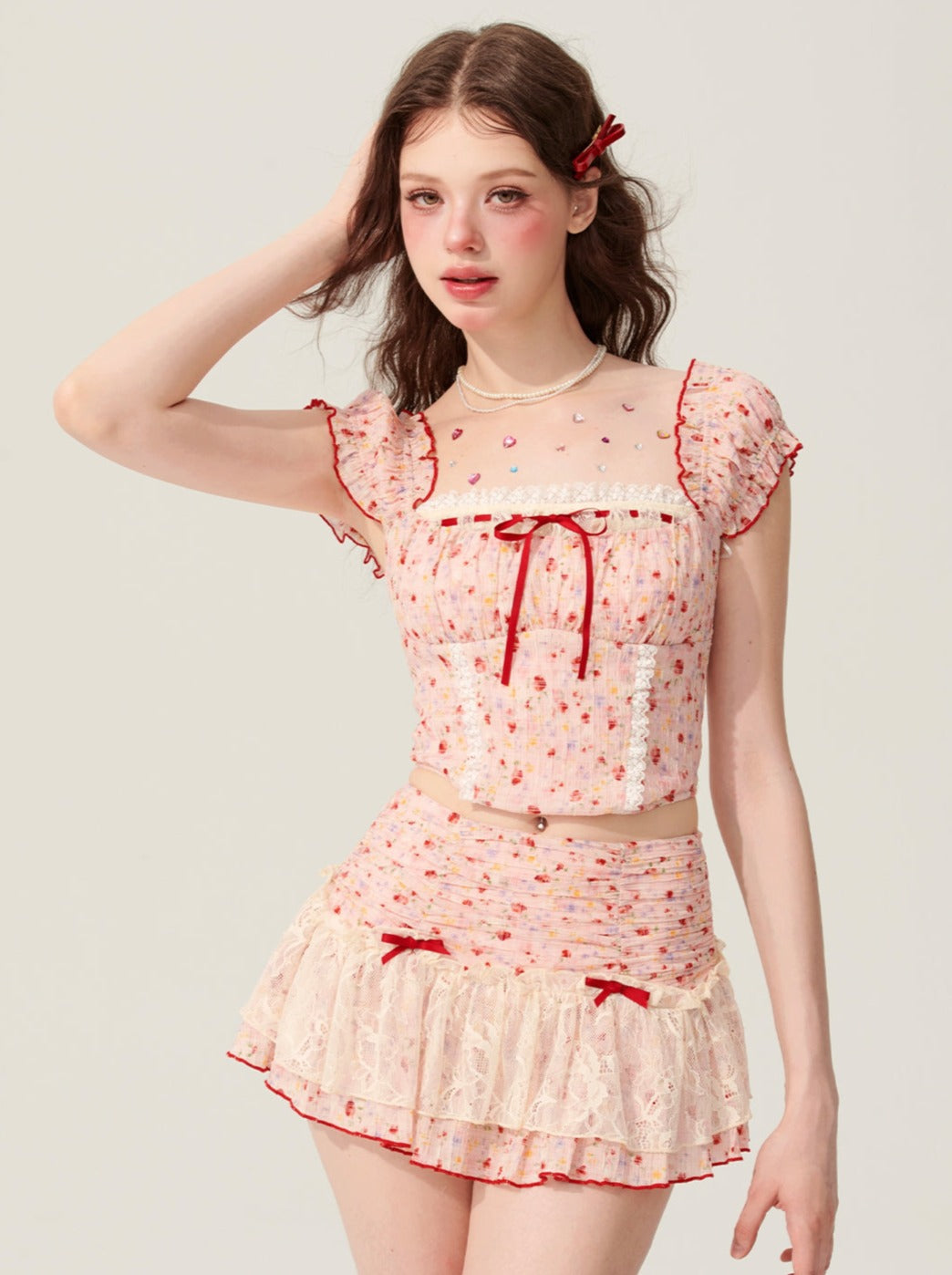 31 mai à 20 heures] Shaoye Eye Sweet Tea Rose Summer Suit Women's Short Sleeve Top Lace Skirt