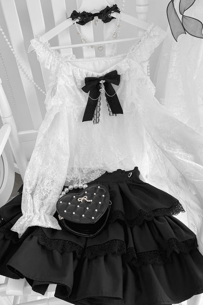 地雷インナーシャツレースリボンノースリーブシャツ+ケーキスカート