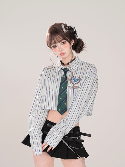 High School Style Polo Collar Stripe Short Shirt + Tie Set [Reserved Item].