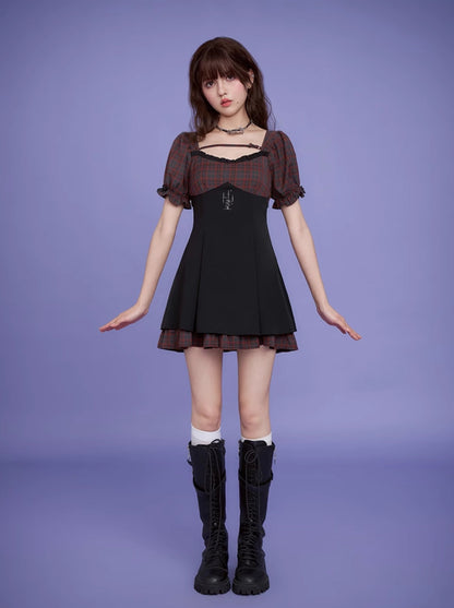 SagiDolls Girly Fighting Spirit #RedFlavour #Black Red Checkered Puff Sleeve Candelabra Embroidered Backless Dress