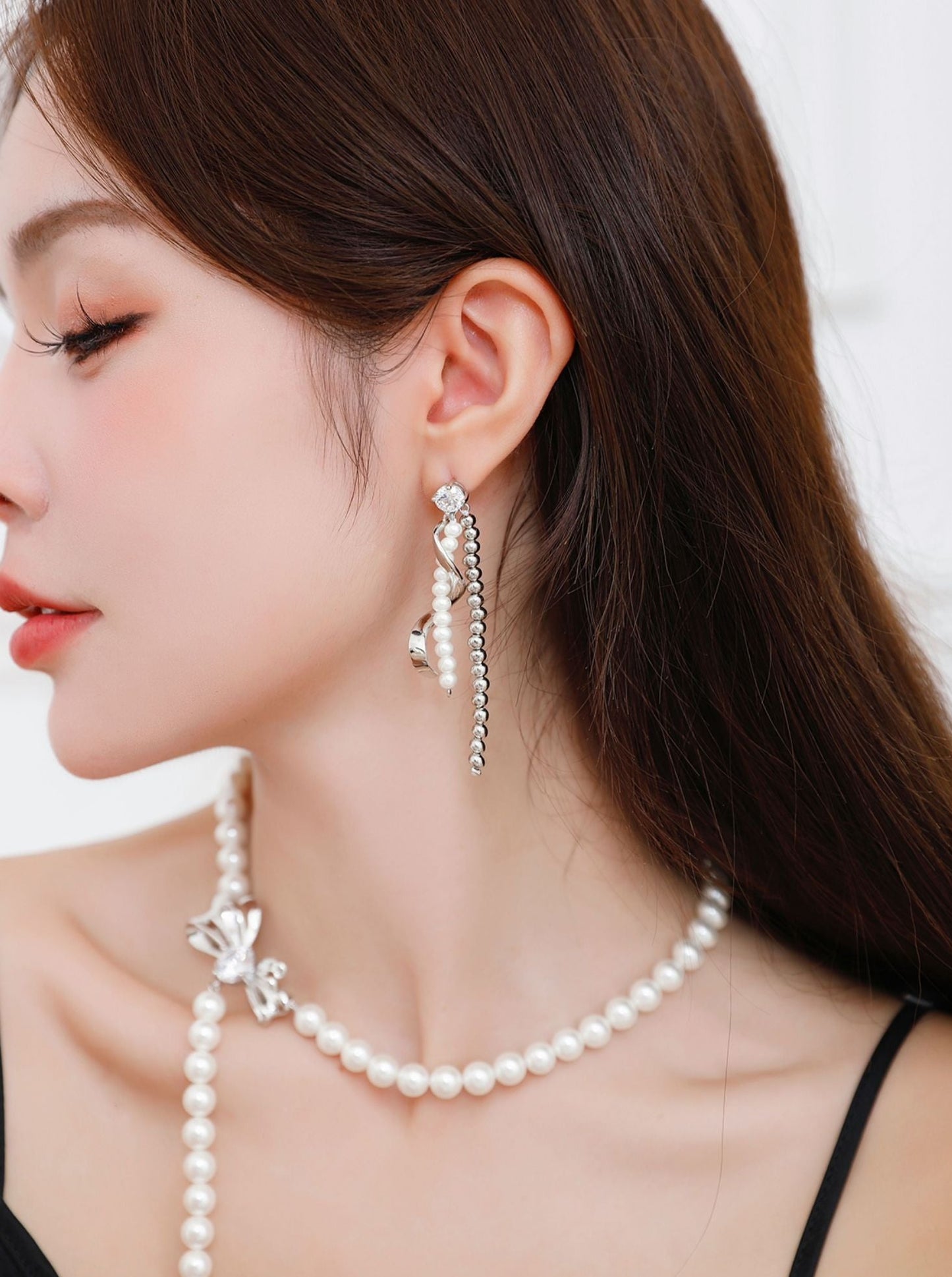 Silver Ribbon Pearl Necklace + Earrings