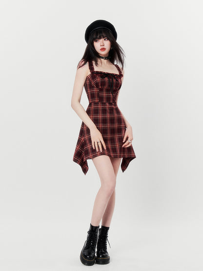 French Retro Check Ilehem Frill Ribbon Sas Dress