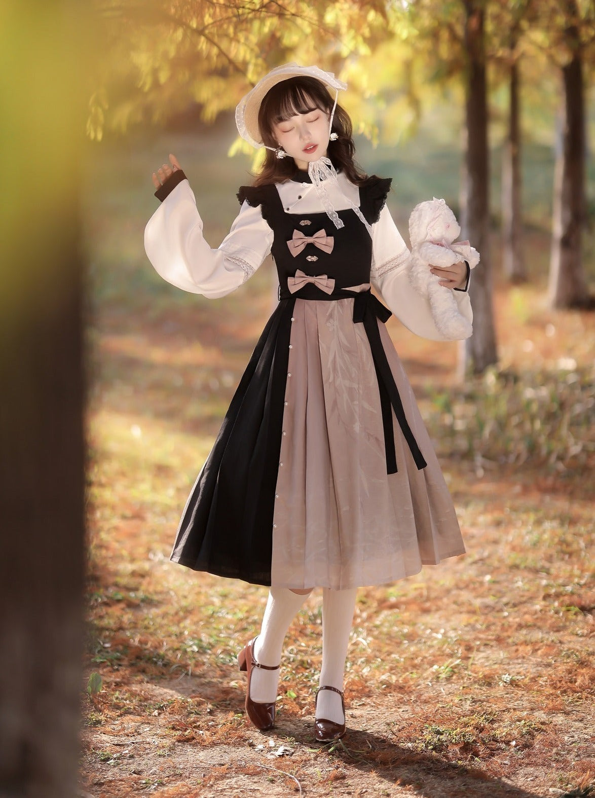 China Bow Suspender Skirt + Balloon Sleeve Blouse