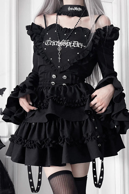 サブカルチャーゴシックダークスリムロングスリーブドレス