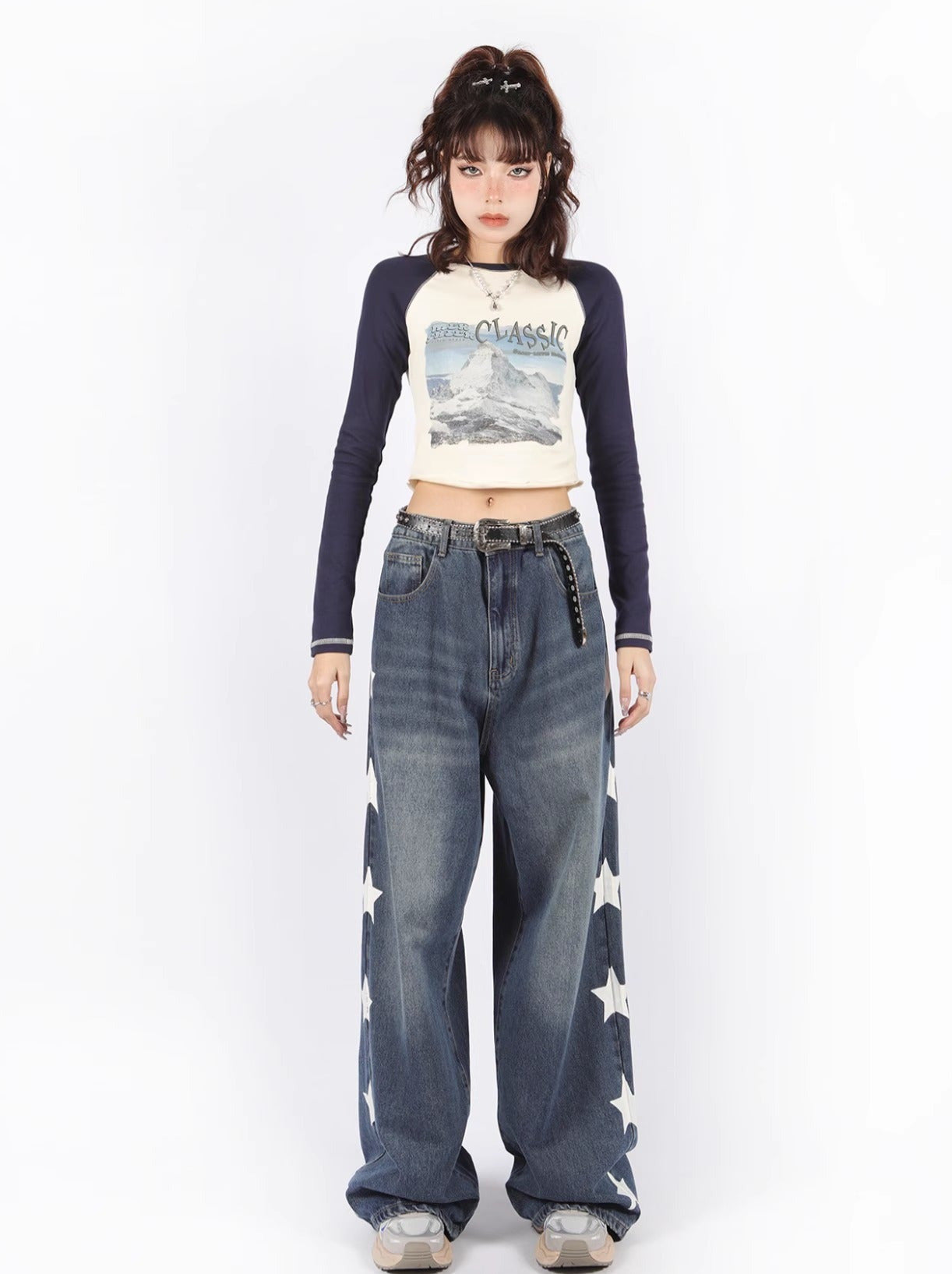 Star Print High Street Retro Rooswide Leg Jeans