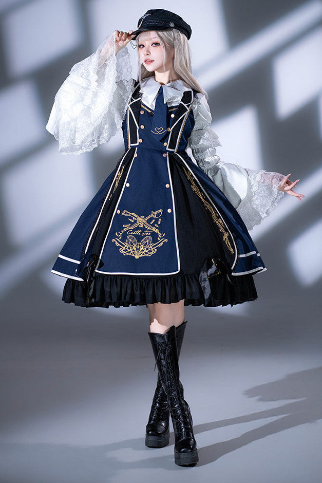 Rot-Schwarz/Blau-Schwarz Dark-Lolita-JKS-Kleid mit goldener Stickerei, Reverskragen, Krawatte und Gürtel mit Hüfttasche