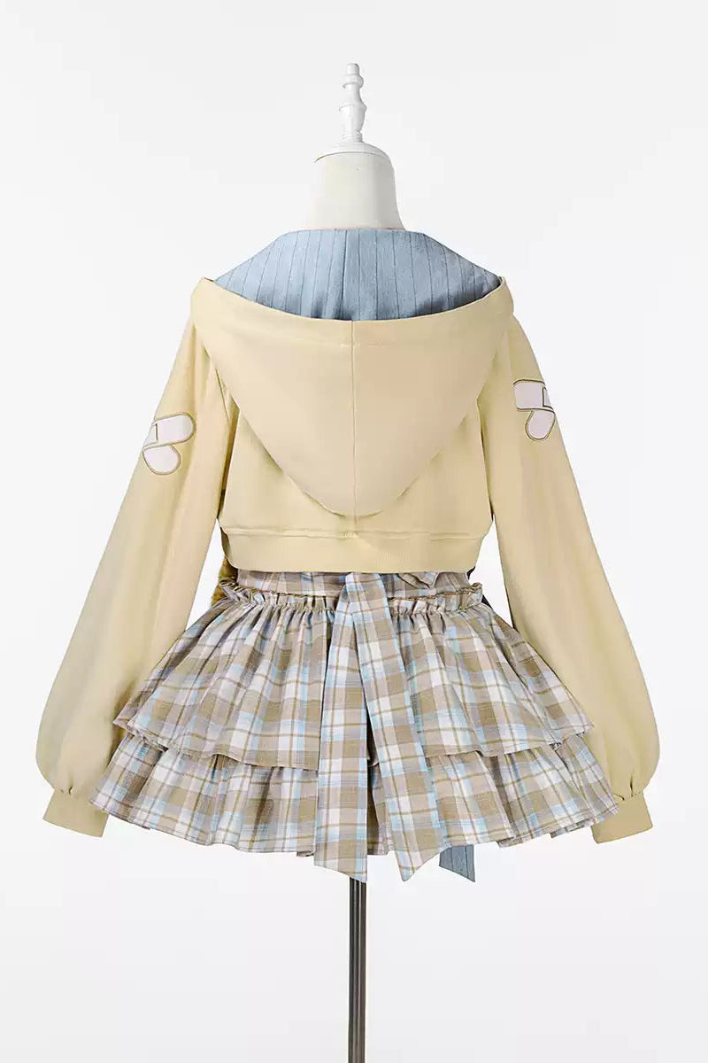 【10月27日予約締切】Yellow &amp; Blue Cat Motif&nbsp; Long-Sleeve Cropped Zip-Up Hoodie + Check Ribbon Sleeveless Dress Set with Fur Cat Tail Decoration
