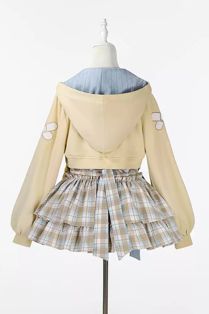 【10月27日予約締切】Yellow &amp; Blue Cat Motif&nbsp; Long-Sleeve Cropped Zip-Up Hoodie + Check Ribbon Sleeveless Dress Set with Fur Cat Tail Decoration