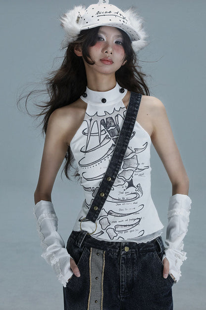 サブカルチャーホルターネックノースリーブトップス