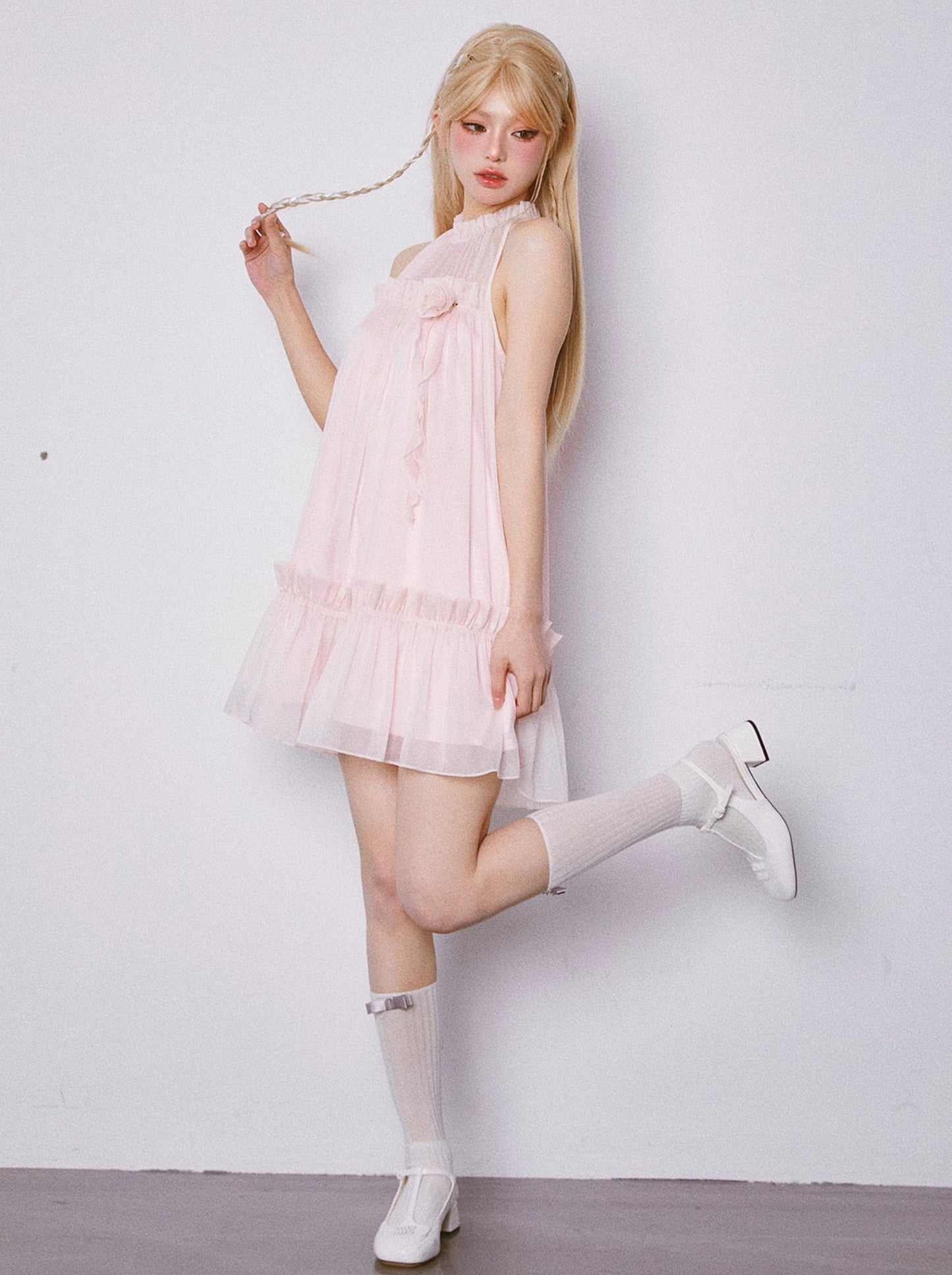 Music Box Peach Pleated Babydoll Sleeveless Dress