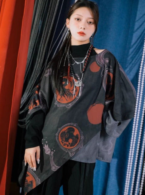 Golden Crow China Print Irregular Loose Cape Coat