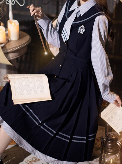 Magic Academy Retro Suit Navy Color Pleated Dress + Striped Shirt Dress + Tie + Badge