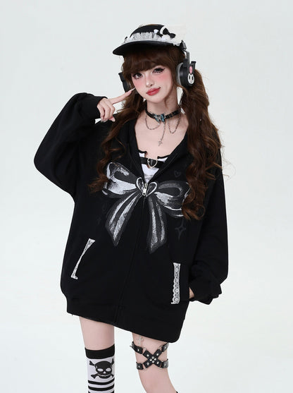 Dark Ribbon Design Loose Hooded Zip Hoodie