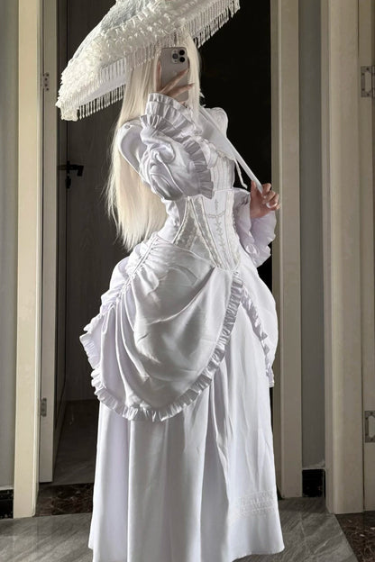 [Termine prenotazione 30 maggio] Abito gothic lolita bianco e nero con maniche svasate + sopragonna a corsetto rialzabile con croci + set completo
