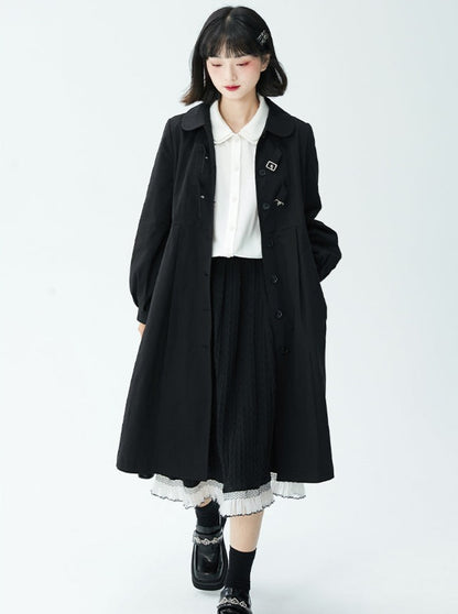 Tailored College Style Black Loose Pleated Doll Coat