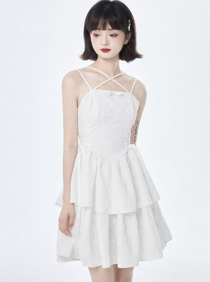 Rose Texture White Cross Suspender Tea Dress