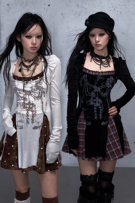 바로크 벨벳 체크 원피스