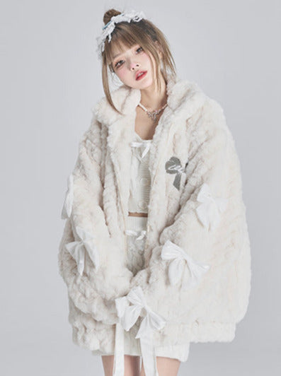 Design ribbon loose furry lamb's wool coat